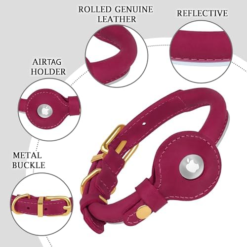OOPSDOGGY Rolled Leather Dog Collar with Airtag Holder - Reflective Round Airtag Dog Collar - Soft Tracking Pet Collar for Small Dogs Puppy Cats Kitten (Pink, XL, 17"-21")