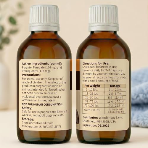 7-Way Dewormer Liquid for Dogs & Cats (Pyrantel Pamoate/Praziquantel), Digestive Health & Vitality Support, 3.38 fl oz