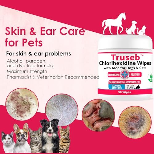 Truseb Ketoconazole & Chlorhexidine Wipes for Dogs and Cats, Helps Clean, Deodorize, Soothe Hot Spots, Itchy Paws, and Irritated Skin Folds, Smelly Skin Relief(100 Count) Dogs & Cats Small Wipes