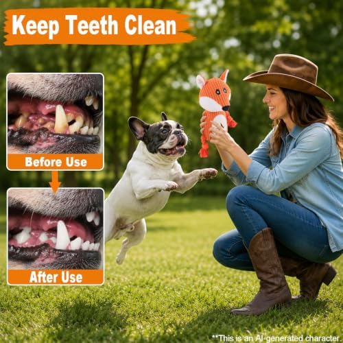 Dog Squeaky Chew Toy, Plush Crinkle Rope Dog Toy - Orange Fox