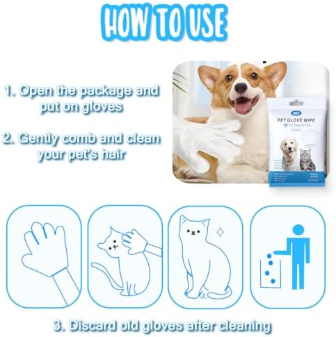Dog and Cat Cleaning Gloves, Cleaning and Deodorizing Grooming Gloves, Dog and Cat Fur Face, Ears, Eyes, Paws Cleaner, Pet Grooming Wipes, Nourishing Fur, for Daily Care and Travel, No Rinse (12 Pcs)