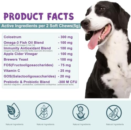 Dog Allergy Relief Chews, Itchy Skin, Paw Licking & Hot Spots Support with Omega-3 Fish Oil, Colostrum & Probiotics, Seasonal Allergy & Immune Support, 100 Count