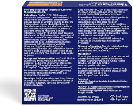 NexGard Plus (afoxolaner, moxidectin, and pyrantel) Flea and Tick Protection & Heartworm Preventive for Dogs Soft Beef Flavored Chewables, 4-8 lbs. (Orange ) 6 Chews (6 Month Supply)