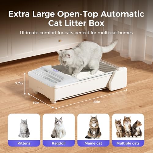 Open-Top Self Cleaning Litter Box, 2026 Upgraded Extra Large Automatic Cat Litter Box for Multiple Cats, Safety Sensors/App Control/Odor Control/Easy Clean - Includes 5 lbs Premium Cat Litter