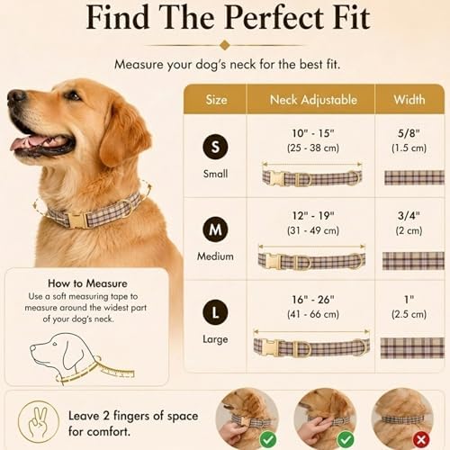 Soft Cotton Dog Collar Classic Plaid Pet Collars with Metal Clasp for Large Dogs with Sensitive Skin, Camel Brown