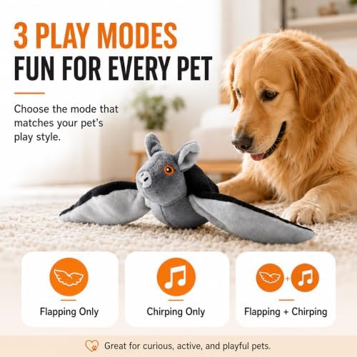 Flying Bat Toy for Dogs & Cats Realistic Bat Flight Flapping Wings Interactive Pet Toy with Chirping Mimics Real Flying Motion Detachable USB Rechargeable Hanging and Ground Play，1set