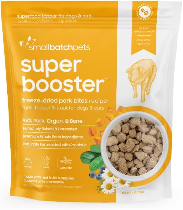 smallbatch Freeze Dried Dog Treats, Superfood Food Topper Pork Bites for Dogs & Cats, Probiotics, Organic Ingredients, High Protein, Grain Free Healthy Treat & Food Topper, Made in The USA, 7 oz Bag