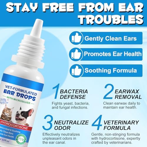 Dog Ear Infection Treatment Drops, Promote Ear Health, Soothe and Relieve Itchness Ear Cleaner for Dog& Cats Ear Infections, Dog Ear Infection Treatment Drops with 1% Hydrocortisone - 2.02 Fl.Oz