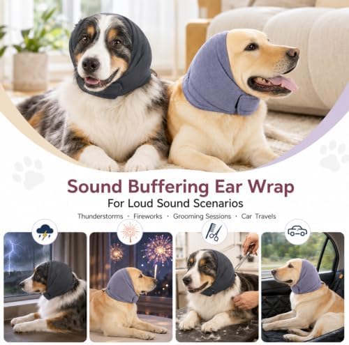 Adjustable Dog Quiet Ear Muffs Calming Ear Hoodie, Noise Canceling Breathable Ear Wraps for Dog Anxiety Relief, Ear Covers for Fireworks Thunderstorm Grooming Force Drying Noise Protection (Purple, M)