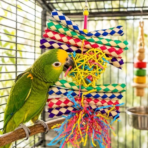 Bonka Bird Toys 1730 Foraging Valentine Heart Bird Toy for Medium Birds Shredding and Chewing Cage Toy Colorful Palm Leaf and Paper Foraging Toy 9" x 6"