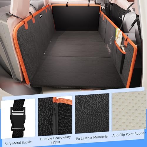 Back Seat Extender for Dogs, PU Leather Hard Bottom Dog Car Seat Cover for Back Seat, Waterproof, Scratch Proof and Anti Slip Dog Hammock for Cars and SUVs, Holds 400 lbs