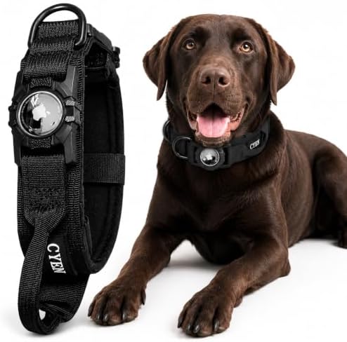 Heavy Duty Tactical Dog Collar with Tracker Pocket,Adjustable GPS Tracking Collar for Small, Medium & Large Dogs, Compatible with Compact Smart Trackers,Control Handle for Added Security (Black, XL)