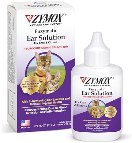Zymox Enzymatic Ear Solution with 0.5% Hydrocortisone for Cats & Kittens, 1.25 oz. – Cleans & Refreshes Ear Canal for Relief from Wax, Dirt Buildup, Itchiness, Irritation, Inflammation & Redness