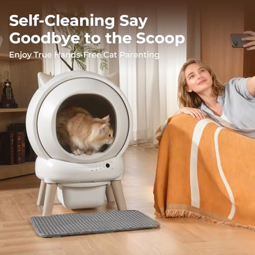 Self Cleaning Litter Box - E2 Automatic Cat Litter Box Smart Self Cleaning Robot for Cats, Double Safety Protection, App Control, 2 Roll Garbage Bags & Mat（White & Grey
