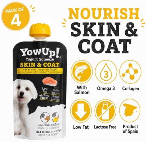 YowUp Dog Yogurt Treat, Skin and Coat Support with Salmon, 4 Pouches