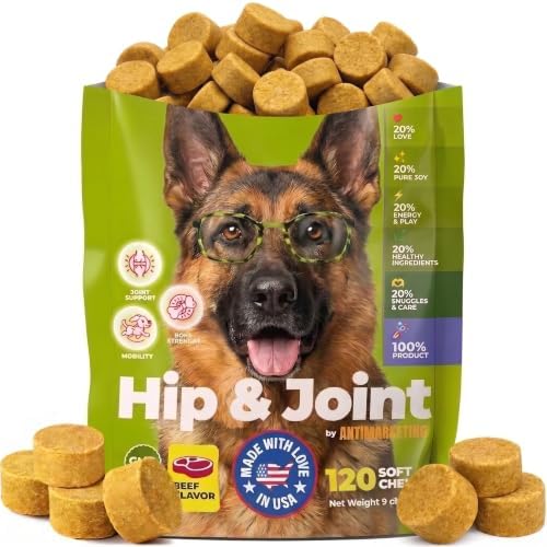 Glucosamine for Dogs Hip & Joint Supplement, Dog Glucosamine Chondroitin for Dogs, MSM & Turmeric – 120 Dog Joint Supplement Chews for Large & Small Breed