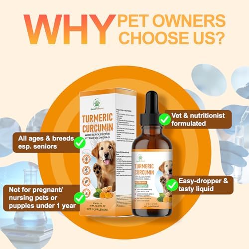 Turmeric Curcumin Joint Care Drops for Dogs, Joint Pain Relief & Mobility Support, Anti-Inflammatory, Antioxidant for Heart, Liver, Digestive Health & Healthy Skin & Coat, 100% Natural Extract ﻿