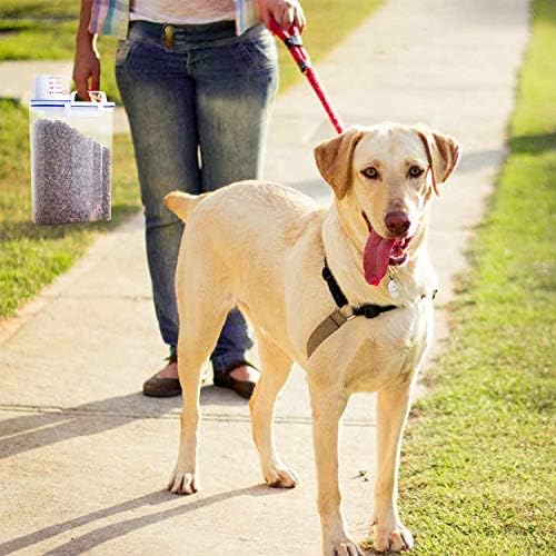 Rocutus Pet Food Storage Container,Portable Cat Dog Food Container With Measuring Cup,4 Seal Buckles Food Dispenser for Regular Food,Dogs, Cats, Birds (White Blue)