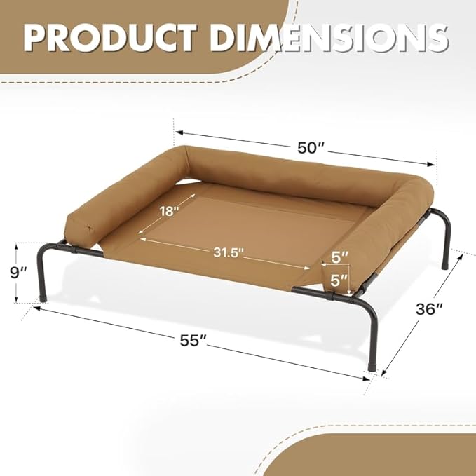 Athena Collection Outdoor Elevated Dog Bed with Removable Bolsters, 55 Inches Raised Dog Cot Washable with Metal Frame Non-Slip Feet for Large Size Dog, Brown