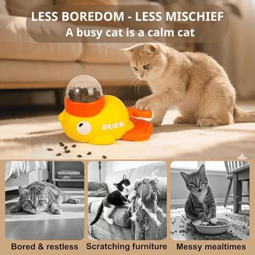 Duck Cat Treat Dispenser, 2026 New Duck Puzzle Feeder for Cats, Duckie Cat Feeder, Yellow Ducks Cat Feeder Toy, Food Dispenser Toy with Button, 2-in-1 Interactive Toy & Slow Feeder (2PC-White)