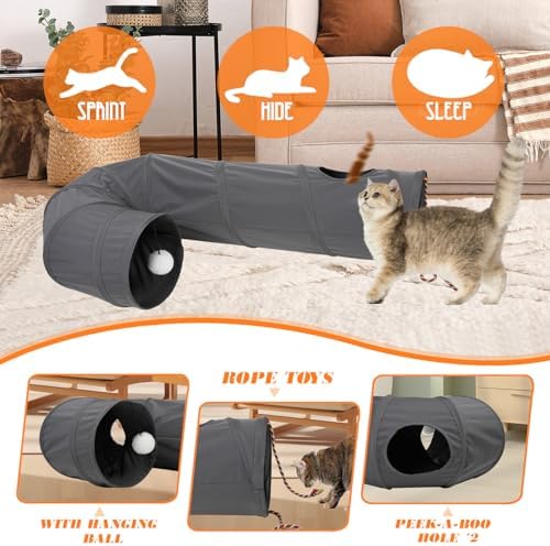 Cat Tunnel, 2-Way Collapsible Cat Tube with Interactive Peek-A-Boo Hole, Toy Ball, and Rope – Ideal for Indoor Cats, Kittens, and Rabbits (Dark Gray)
