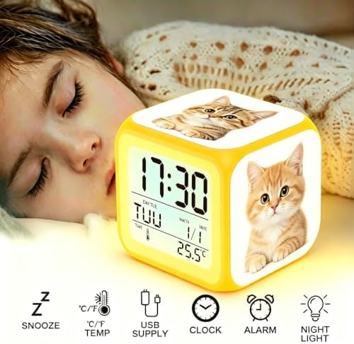 Wake Up Light Tabby Cat Cube Alarm Clock, Battery Powered 7 Color Changing LED Light, Calendar Thermometer Animal Print Kids Bedside Decor Gift