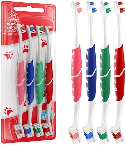 Pet Toothbrush for Dogs, Cats with Soft Bristles - Easy Teeth Cleaning & Dental Care, Non Slip Dual Head Dog Toothbrush for Medium & Large Pets, Toothpaste Not Included, Pack of 4 Multi