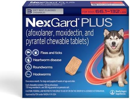 NexGard Plus (afoxolaner, moxidectin, and pyrantel) Flea and Tick Protection & Heartworm Preventive for Dogs Soft Beef Flavored Chewables, 66.1-132 lbs. (Red) 3 Chews (3 Month Supply)