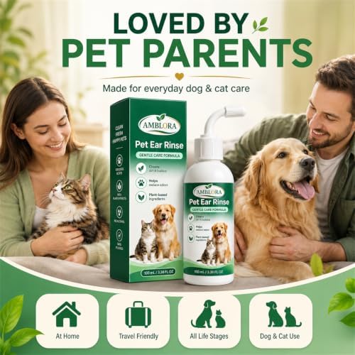 Amblora Pet Ear Rinse, Ear Cleaner for Dogs & Cats, Gentle Pet Ear Cleaning Solution for Daily Grooming, Helps Remove Dirt and Buildup, Fresh Ear Care Rinse with Easy Applicator for Pets