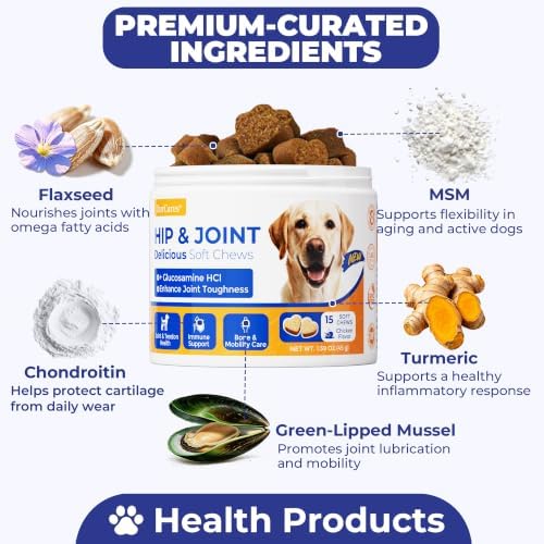 Hip & Joint Supplement for Dogs, Hip and Joint Chews Support Mobility, Senior Small All Breed Pain Relief with Glucosamine Chondroitin MSM Turmeric Green Lipped Mussel, Chicken Flavor, 15 Ct