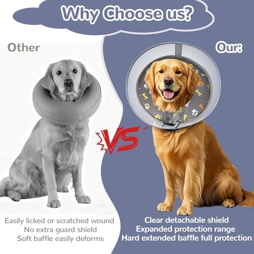 Inflatable Dog Cone Collar with Anti-Licking Clear Shield, for Dogs Cats