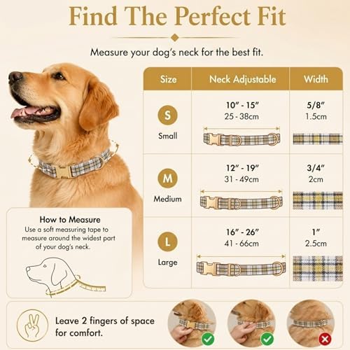 Soft Cotton Dog Collar Classic Plaid Pet Collars with Metal Clasp for Small Dogs with Sensitive Skin, Creamy Countryside