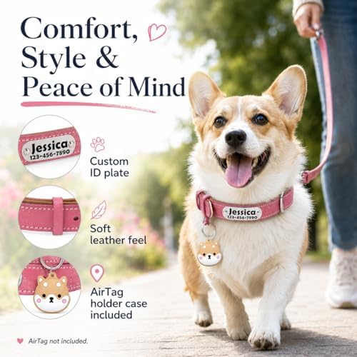 Personalized Leather Dog Collar with AirTag Holder Case, Custom Engraved Nameplate Dog Collar, Adjustable Genuine Leather Soft Padded Dog ID Collar for X-Small Small Medium Large X-Large Dogs-Pink-L
