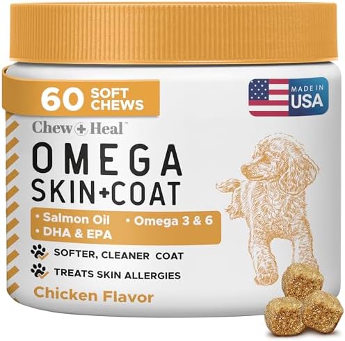 Salmon Oil for Dogs -60 Soft Chew Omega Treats Skin and Coat Supplement for Dogs -Fish Oil Blend of Fatty Acids, Omega 3 and 6, Vitamins, Antioxidants, Minerals -Made in USA