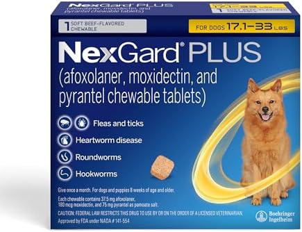 NexGard Plus (afoxolaner, moxidectin, and pyrantel) Flea and Tick Protection & Heartworm Preventive for Dogs Soft Beef Flavored Chewables, 17.1-33 lbs. (Gold) 1 Chew (1 Month Supply)