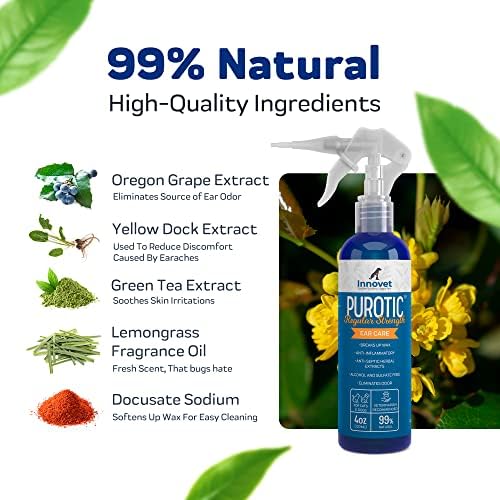 Innovet PurOtic Ear Cleaner for Dogs & Cats with Silicone Applicator Made With Essential Oils - 100% Made In USA - Regular Strength 4 oz Bottle