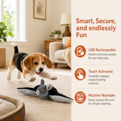 Flying Bat Dog Toy, Touch Activated Flapping Wings Interactive Pet Teaser, Motion Sensor Electric Squeaky Bird Doll for Aggressive Chewers Cats Puppy (A)