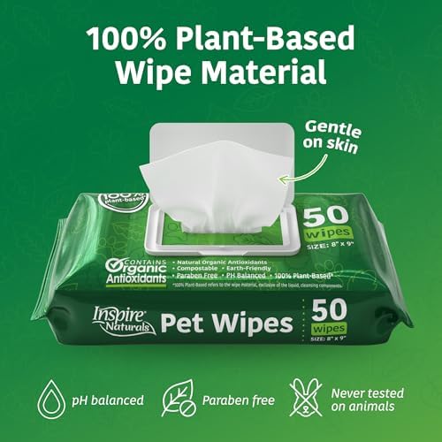 Inspire Naturals Pet Wipes for Dogs and Cats 100% Natural Plant Based with Organic Antioxidants, Dog Wipe Cleaning Deodorizing | Puppy Wipes | Dog Wipes for Paws and Butt(100ct - 2 Pack)
