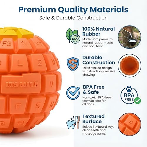 Squeaky Dog Toy Ball, Keyboard-Shaped Chew Toy for Teeth Cleaning, Durable Natural Rubber for Aggressive Chewers, Interactive Dog Toys for Medium & Large Dogs (Mint Blue, Medium(2.6''))