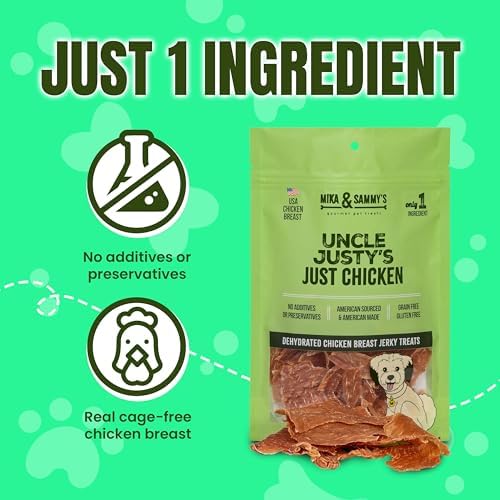 Mika & Sammy's Gourmet Jerky Dog Treats Made in the USA. (Uncle Justy's Just Chicken 5 0z)