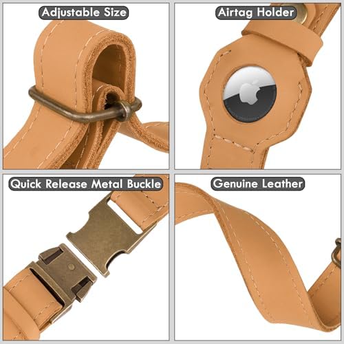 AirTag Dog Collar - Genuine Leather Dog Collar with Apple AirTag Holder and Metal Buckle - Smart GPS Tracking Pet Collars (Light Brown, XS, 9"-12" Neck Fit)