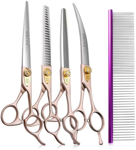 8'' Professional Dog Grooming Scissors Set Rose Gold 440C Stainless Steel Straight Thinning Curved Chunker Shears 4pcs Set for Pet Grooming Services Dogs and Cats