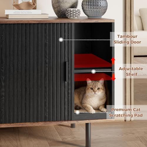Cat Litter Box Enclosure, Kitty Hidden Litter Box Furniture with Scratch Pad, Modern Indoor Cat House, Sliding Door, Adjustable Shelf for Dog Proof, Black