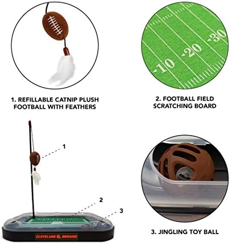 Pets First Cat Toy NFL CLEVELAND BROWNS FOOTBALL FIELD CAT SCRATCHER TOY with CATNIP Filled Plush FOOTBALL Toy & Feather Cat Toy hanging, with Jingle Bell INTERACTIVE BALL Cat Chasing 5-in-1 KITTY Toy