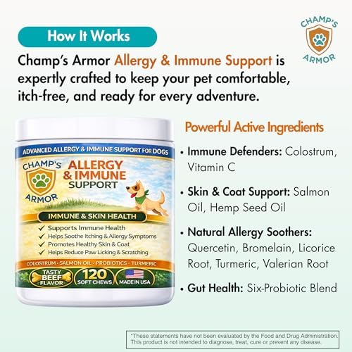 Allergy Relief for Dogs - Dog Itchy Skin & Dog Skin Allergies Treatment Chews with Natural Antihistamine, Colostrum, Salmon Oil, Probiotics for Seasonal Allergies Dogs - 120 Beef Flavor Soft Chews