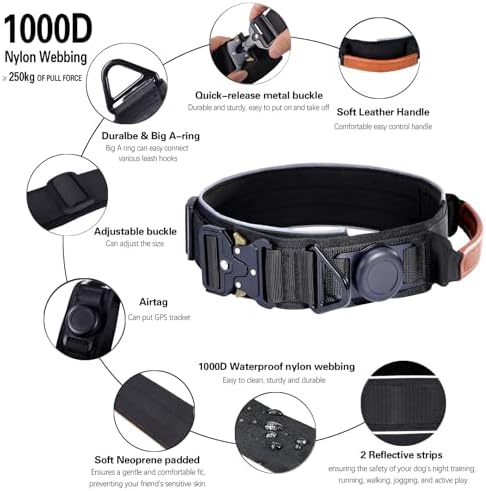 2" Tactical Dog Collar with Airtag Holder & Handle for Large Dogs (Black)