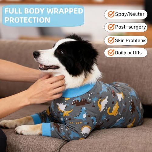Recovery Suit for Dogs Full Zipper, Four-Legged Onesie Dog Recovery Suit After Surgery, Cute Soft Bodysuit Cone Alternative Male Female Dog Neuter Anti Licking Wounds, Dinosaur, 4X-Large