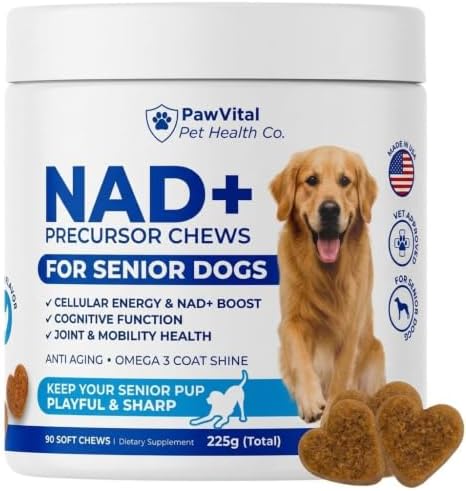 NAD+ Precursor Senior Dog Supplement – NMN Alternative Soft Chews for Longevity, Healthy Aging & Cellular Energy – Nicotinamide Riboside (NR), Resveratrol, Quercetin, Glucosamine & Omega-3