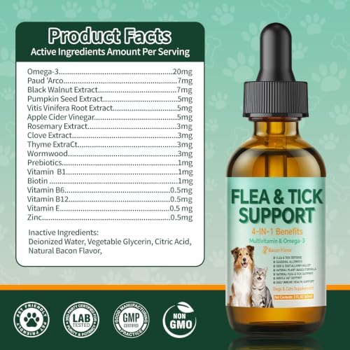 Flea and Tick Support for Dogs & Cats Drops - Flea and Tick Drops Supplement with Multivitamins & Omega-3, Skin & Coat Support for Dogs & Cats, All Breeds & Sizes - 60ml