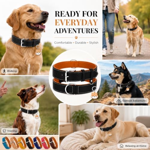 Genuine Leather Dog Collar, Soft Padded Leather Dog Collars with Airtag Holder Case for Small Medium Large X-Large Dogs,Comfort Heavy Duty Pet Collar with Durable Metal Buckle & D-Ring-Black/XS